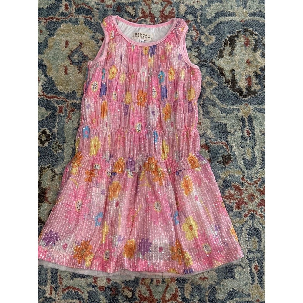 Hannah Banana Floral Sequin Dress Girls Size 6 Pink Tiered Smocked EUC